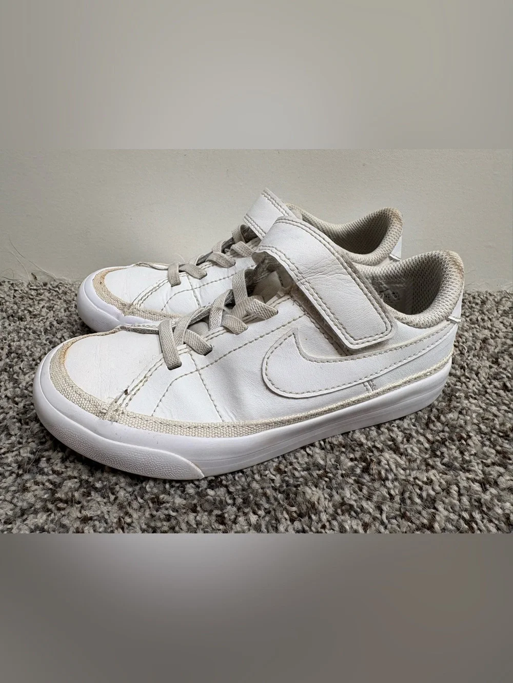 Nike White on White Kids Leather Sneakers with Velcro  Strap Size 11c